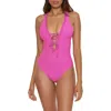 Becca Modern Edge Ribbed Lace-up Plunge One-piece Swimsuit In Conch Pink