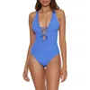 Becca Modern Edge Ribbed Lace-up Plunge One-piece Swimsuit In Cornflower