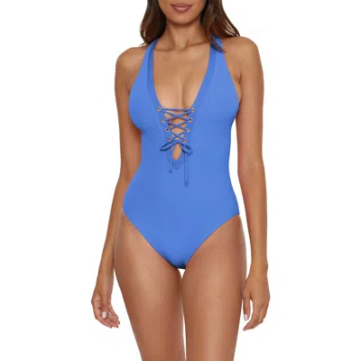 Becca Modern Edge Ribbed Lace-up Plunge One-piece Swimsuit In Cornflower