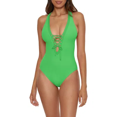Becca Modern Edge Ribbed Lace-up Plunge One-piece Swimsuit In Palm