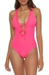 Becca Modern Edge Ribbed Lace-up Plunge One-piece Swimsuit In Pink Glow