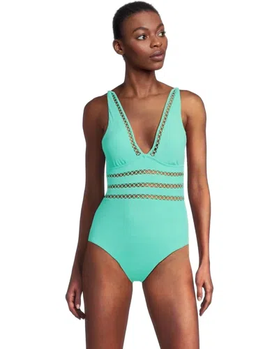 BECCA MODERN EDGE SWIMSUIT WOMENS AQUA SEA STRETCH PLUNGE ONE PIECE RED271
