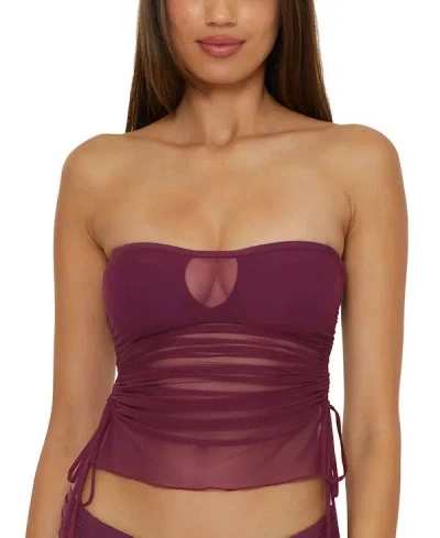 Becca Muse Hadlee Bandeau Tankini Top Women Aubergine Mesh Overlay Buu057 In Red