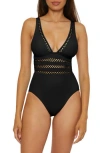 Becca Open Knit Inset One-piece Swimsuit In Black