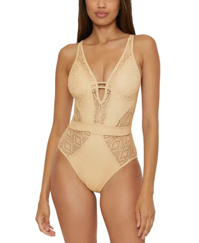 BECCA POLISHED CROCHET PLUNGE SWIMSUITS WOMEN'S GOLD ONE-PIECE NWO151
