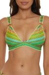 Becca Rainbow Sunset Metallic Stripe Bikini Top In Green