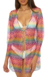 Becca Rio Fishnet Sheer Long Sleeve Cover-up In Multi