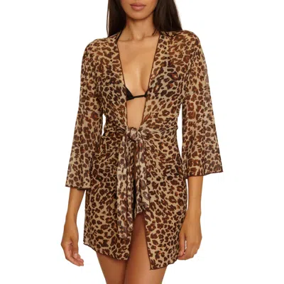 Becca Safari Tie Front Long Sleeve Sheer Mesh Cover-up In Animal Print