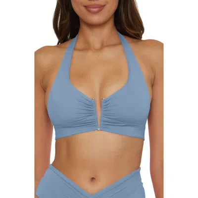 Becca Shirred V-wire Halter Bikini Top In Blue