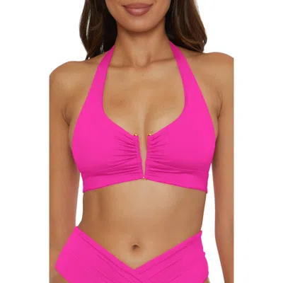 Becca Shirred V-wire Halter Bikini Top In Pink