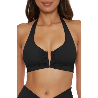 Becca Shirred V-wire Halter Bikini Top In Black