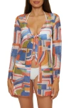 Becca Tie Front Long Sleeve Sheer Mesh Cover-up In Mid Century