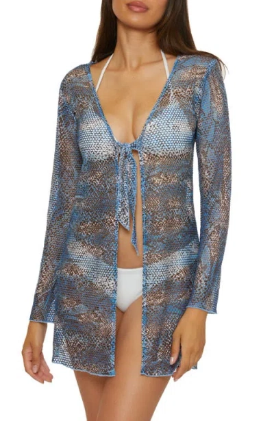 Becca Tie Front Long Sleeve Sheer Mesh Cover-up In Untamed