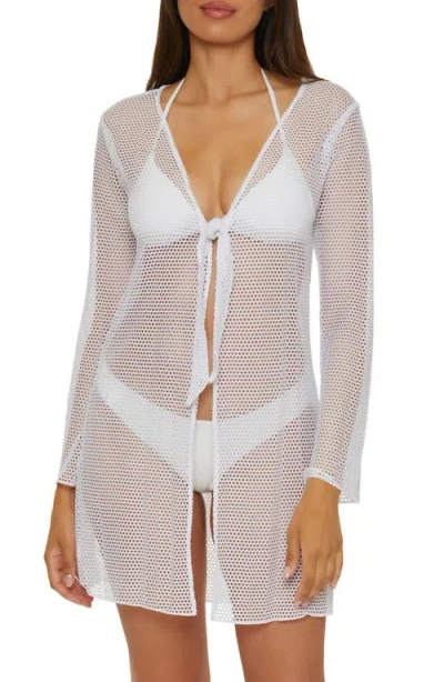 Becca Tie Front Long Sleeve Sheer Mesh Cover-up In White