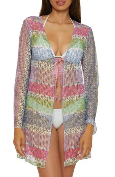 Becca Tie Front Long Sleeve Sheer Mesh Cover-up In Multi