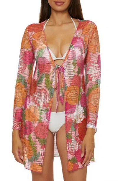 Becca Tie Front Long Sleeve Sheer Mesh Cover-up In Multi