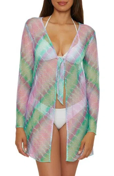 Becca Tie Front Long Sleeve Sheer Mesh Cover-up In Multi