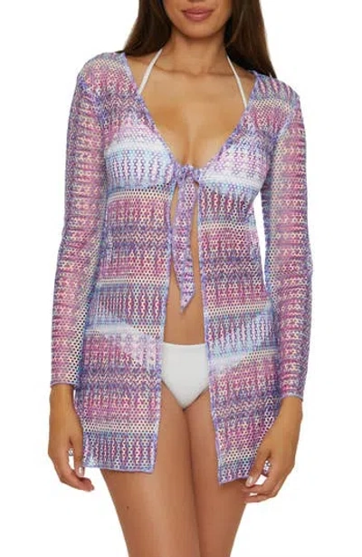 Becca Tie Front Long Sleeve Sheer Mesh Cover-up In Purple