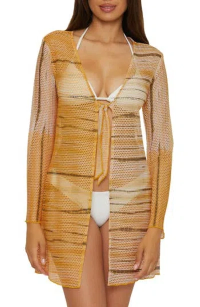 Becca Tie Front Long Sleeve Sheer Mesh Cover-up In Washed Awa