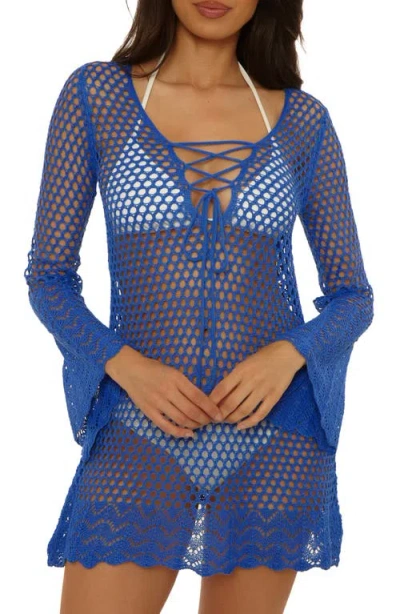 Becca Treasure Island Long Sleeve Reversible Open Knit Cover-up Tunic In Blue