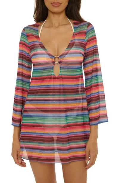 Becca Vallarta Long Sleeve Sheer Mesh Cover-up Tunic In Multi