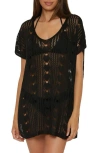 Becca Venica V-neck Open Knit Cover-up Sweater Tunic In Black