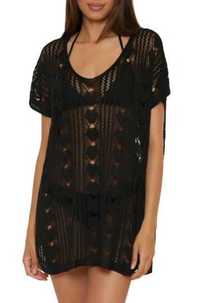 Becca Venica V-neck Open Knit Cover-up Sweater Tunic In Black