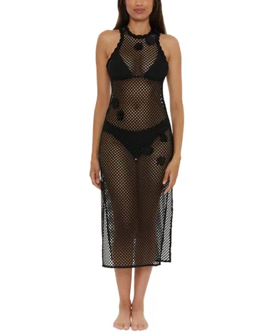 Becca Women's Castaway Island Fishnet Flower-applique Cover-up Dress In Black