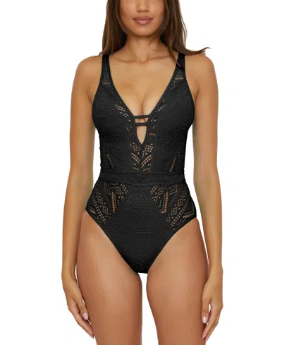 BECCA WOMEN'S COLOR PLAY CROCHET PLUNGE-NECK ONE-PIECE SWIMSUIT