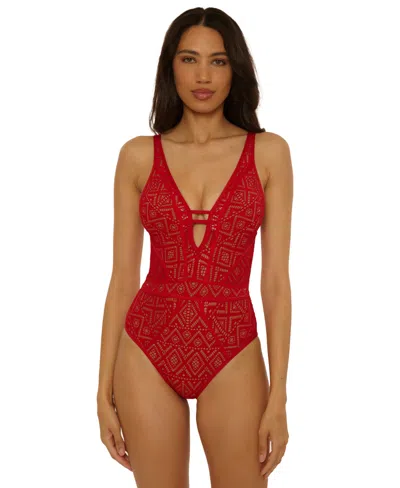 Becca Women's Color Play Crochet Plunge One-piece Swimsuit In Red