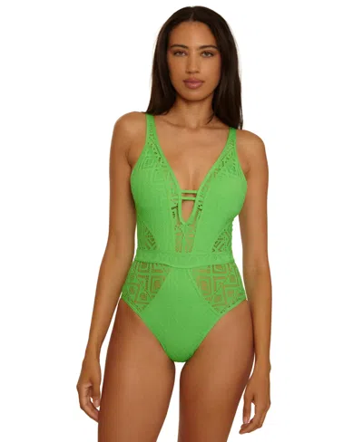Becca Women's Color Play Crochet Plunge One-piece Swimsuit In Green