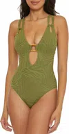 Shop Becca Women's Congo Jacquard Plunging One Piece Keyhole Swimsuit In Green
