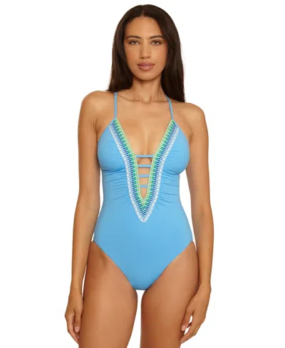 Becca Women's Fiesta Basket Weave Trim One-piece Swimsuit In Blue