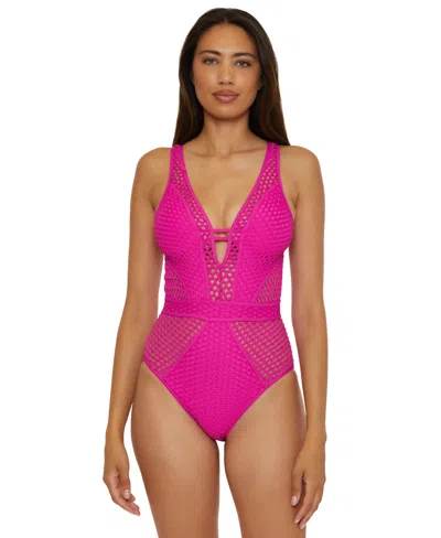 Becca Women's Fishnet Plunge-neck One-piece Swimsuit In Azalea