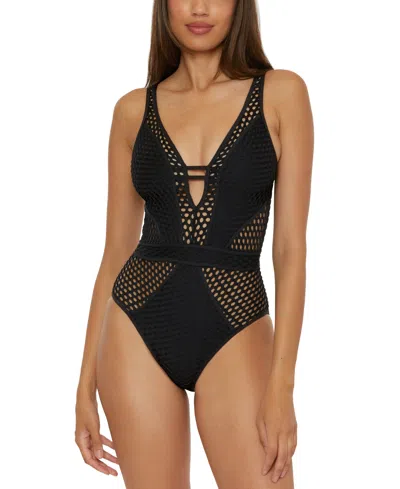 BECCA WOMEN'S FISHNET PLUNGE-NECK ONE-PIECE SWIMSUIT