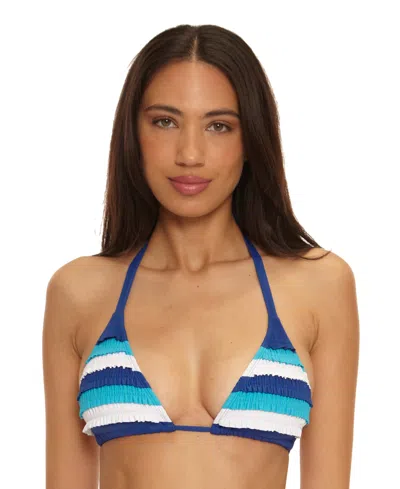 Becca Flamingo Smocked Ruffle Triangle Bikini Top In Blue