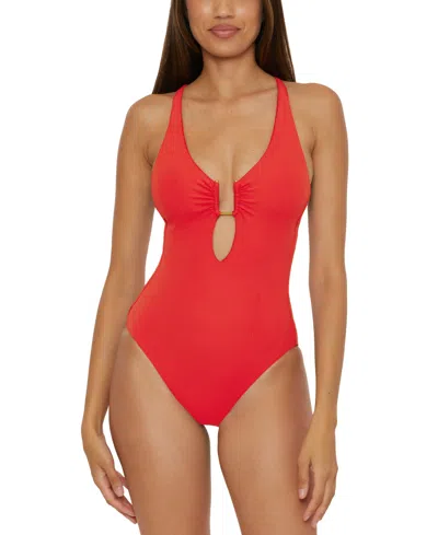 Becca Women's Modern Edge Ribbed Plunge-neck One-piece Swimsuit In Fire