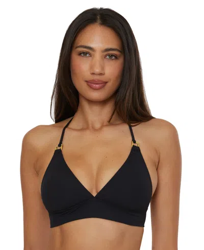 Becca Women's Modern Edge Textured Rib Halter Bikini Top In Black