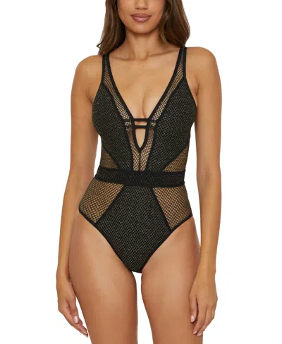 BECCA WOMEN'S NETWORK METALLIC MESH PLUNGE-NECK ONE-PIECE SWIMSUIT
