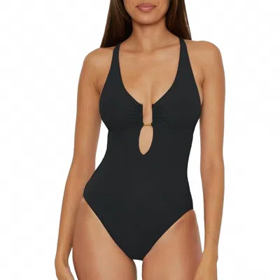 Becca Women's Ribbed Plunge Neck Tie Back One Piece Swimsuit In Black