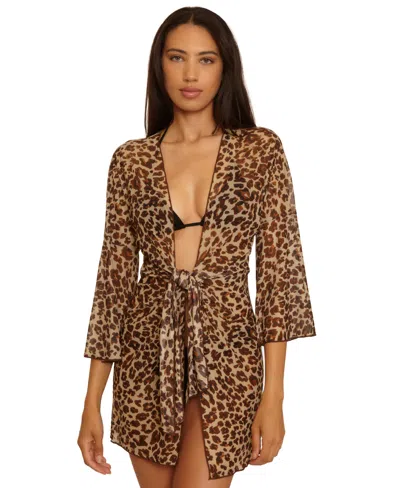 Becca Women's Safari Leopard Mesh Tie-front Cover-up Tunic In Brown