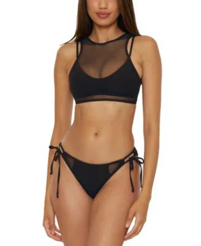 BECCA WOMENS MUSE MESH OVERLAY MULTI WAY BRALETTE BIKINI TOP MESH INSET SIDE TIE BOTTOMS