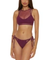 Becca Womens Muse Mesh Overlay Multi Way Bralette Bikini Top Mesh Inset Side Tie Bottoms In Black