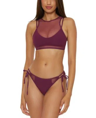 Becca Womens Muse Mesh Overlay Multi Way Bralette Bikini Top Mesh Inset Side Tie Bottoms In Black