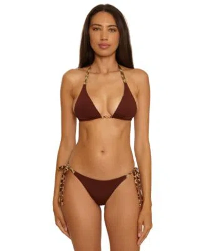 Becca Womens Safari Leopard Printed Reversible Triangle Top Demi Tie Side Swim Bottoms In Brown