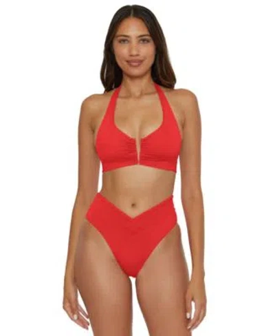 Becca Womens V Neck Halter Swim Top French Cut Hipster Swim Bottoms In Red