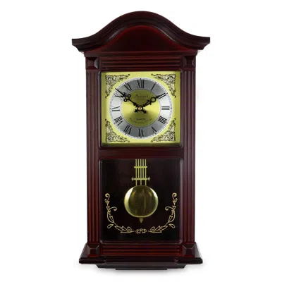 Bedford Clock Collection 22 Inch Wall Clock In Mahogany Cherry Oak Wood With Brass Pendulum And 4 Chimes In Brown