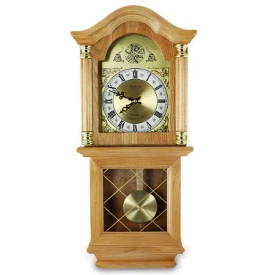 Bedford Clock Collection Classic 26in Pendulum Wall Clock With Oak Finish In Brown