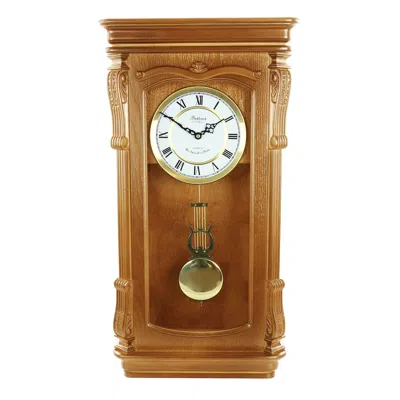 Bedford Clock Collection Golden Oak Chiming Pendulum Wall Clock In Brown