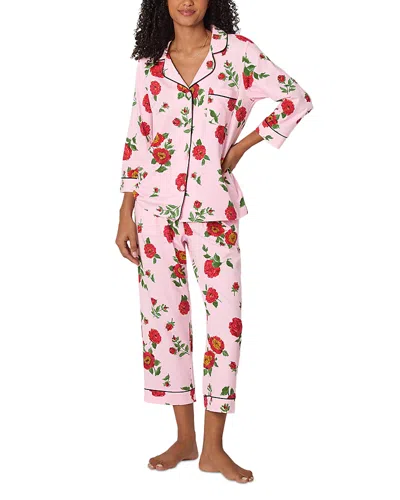 Bedhead Pajamas Falling Blooms Three Quarter Sleeve Cropped Pajama Set In Pink